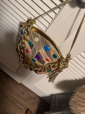 Vintage Gold Shoulder Bag with Multicolor Gem Accents